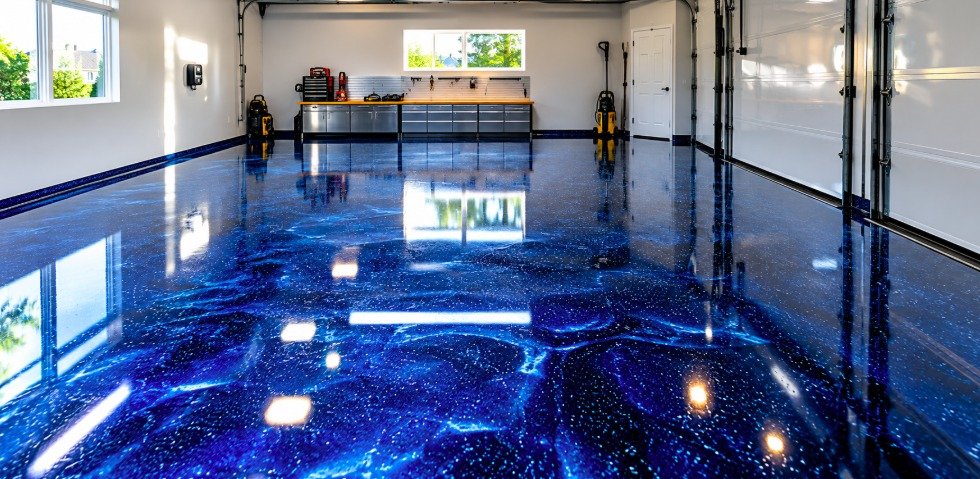 High-gloss blue metallic epoxy floor in a home garage