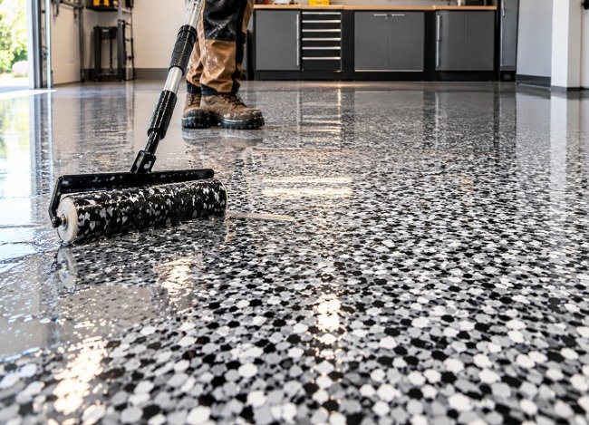 Worker rolling a polyaspartic top coat over a flake garage floor