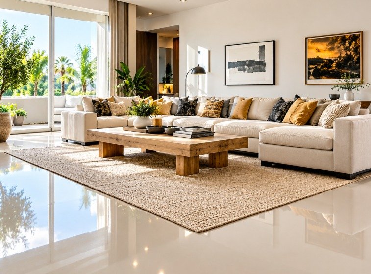 Bright living room with a high-gloss residential epoxy floor