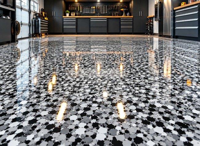 Black, white and gray specialty flake epoxy floor in a garage workshop