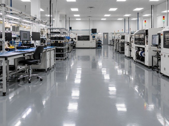 Electronics manufacturing lab with a seamless gray ESD static control epoxy floor