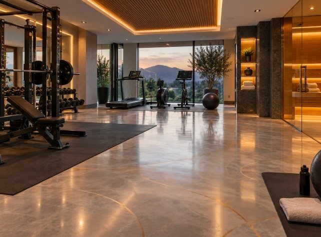 Home gym with a glossy stone-look impact and UV resistant epoxy floor and large windows
