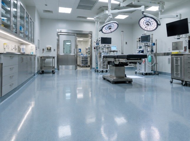 Hospital operating room with a seamless light blue antimicrobial epoxy floor