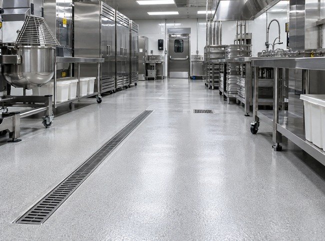 Commercial kitchen with a slip-resistant quartz epoxy floor and trench drains